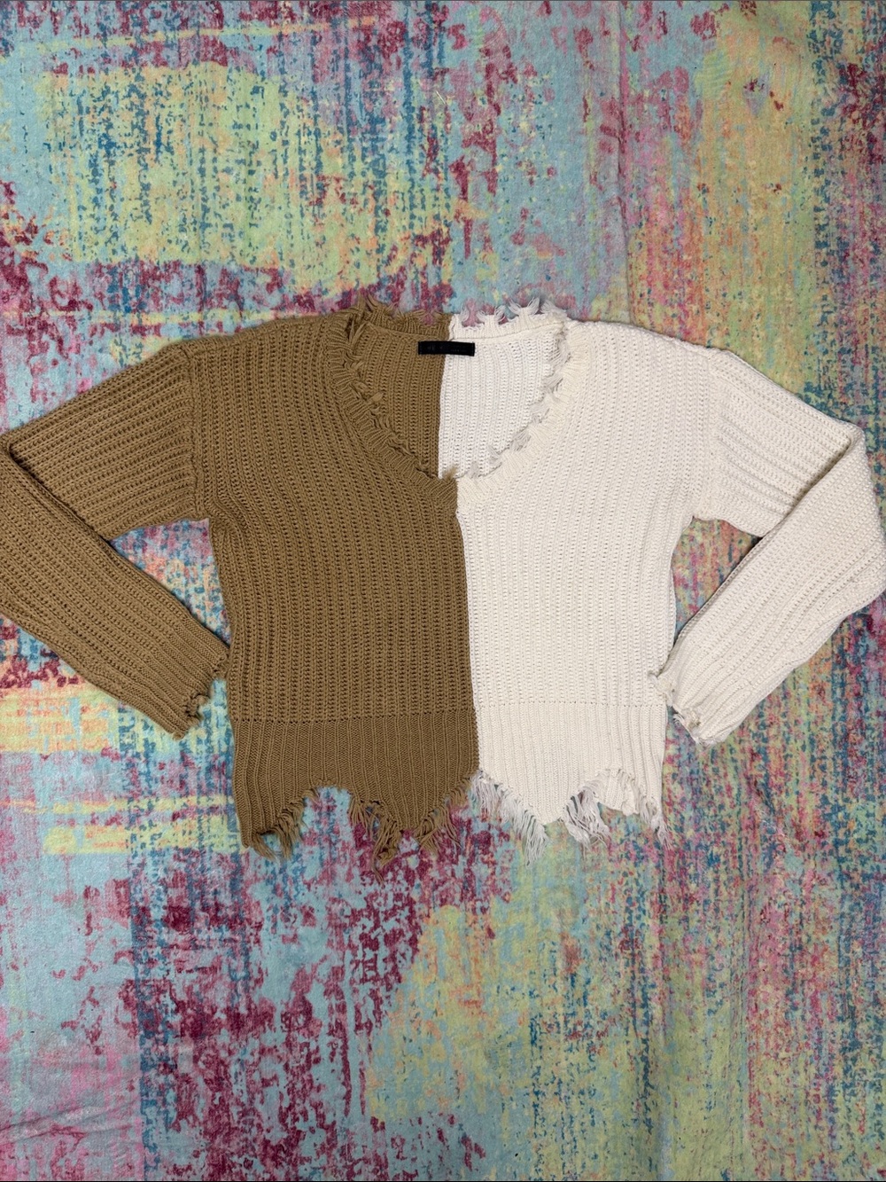 SHEIN Two-Tone Brown & Cream Distressed V-Neck Sweater
